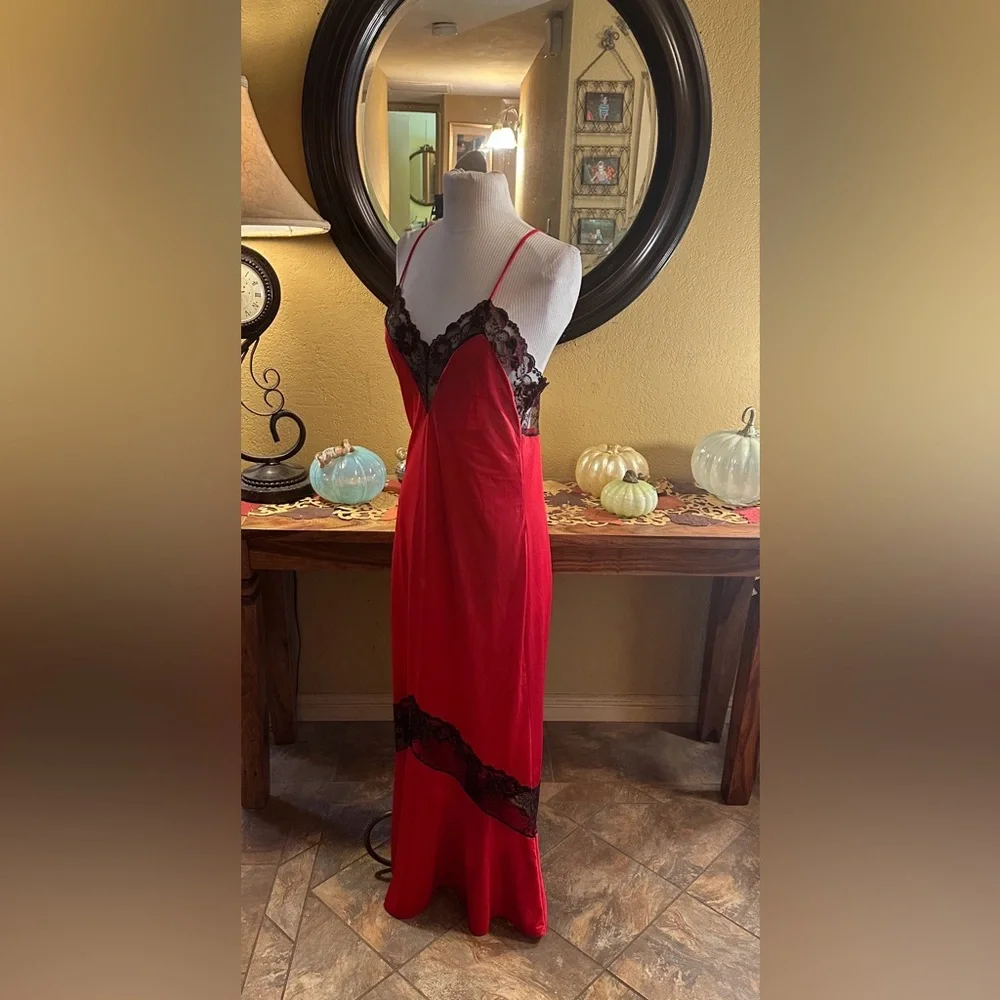 Vintage Red Maxi Slip with Black Lace